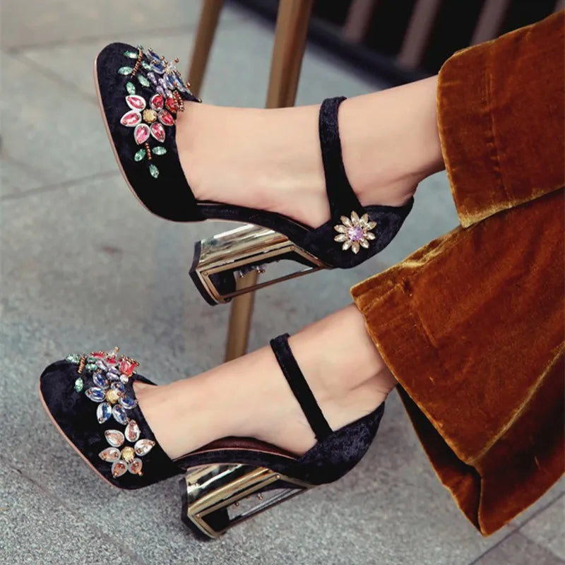 Autumn Crystal Flower Mary Janes Women Pumps Shoes Woman Sandals Strange High Heel Party Shoes Handmade Rhinestone Wedding Shoes