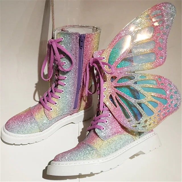Butterfly Wings Women Shoes Shine Silver Leather Flat Sneakers Lace Up Women's ankle boots high-top Leisure Platform Shoes 2024 Pink