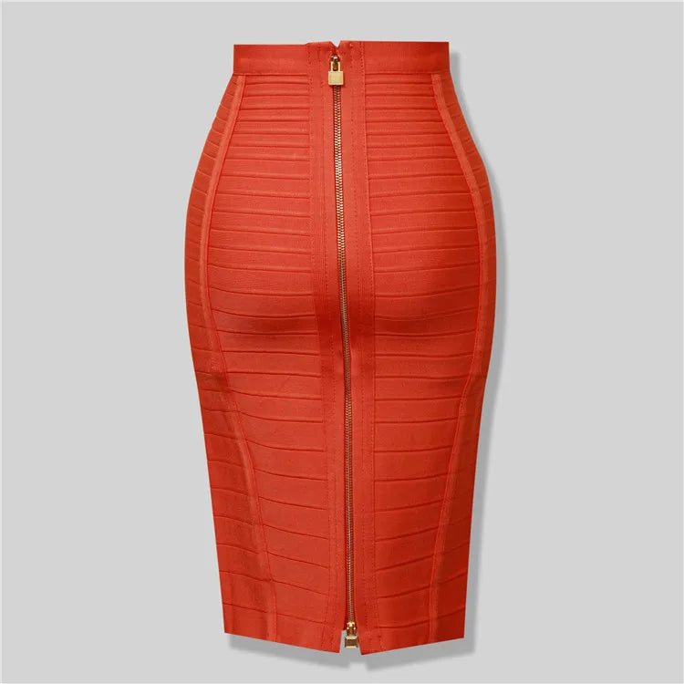 Black Red Blue Orange Zipper Bodycon Rayon Bandage Skirt Day Party Pencil Skirt Orange