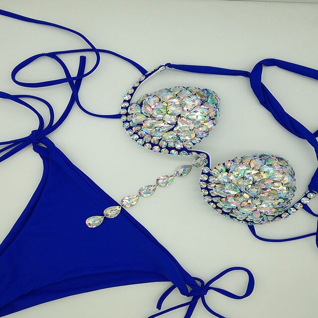 Sexy Gathered Crystal Diamond Bikini Luxury Rhinestone Women's Swimsuit Push Up Halter Straps Triangle Bathing Suit Blue