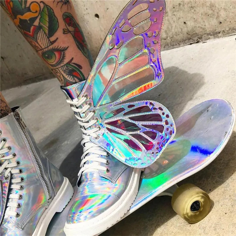 Butterfly Wings Women Shoes Shine Silver Leather Flat Sneakers Lace Up Women's ankle boots high-top Leisure Platform Shoes 2024
