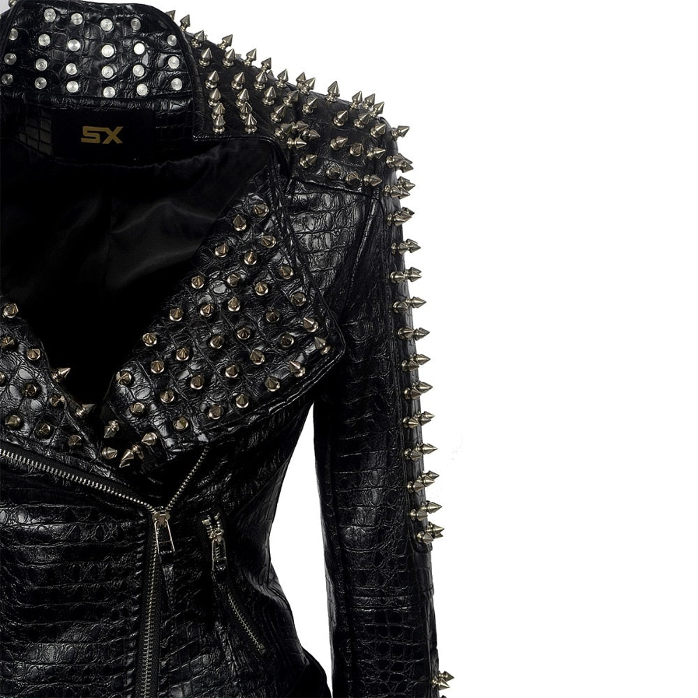 SX 西洋ファッション女性クラブホットスタイルスタッドスリムフィットジャケットショルダーリベットジップステッチショート PU レザーロックコート