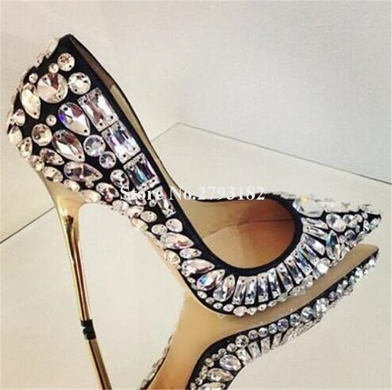 Women Luxurious Pointed Toe Bling Bling Rhinestone Stiletto Heel Pumps Black White Crystal High Heels Wedding Dress Shoes as picture