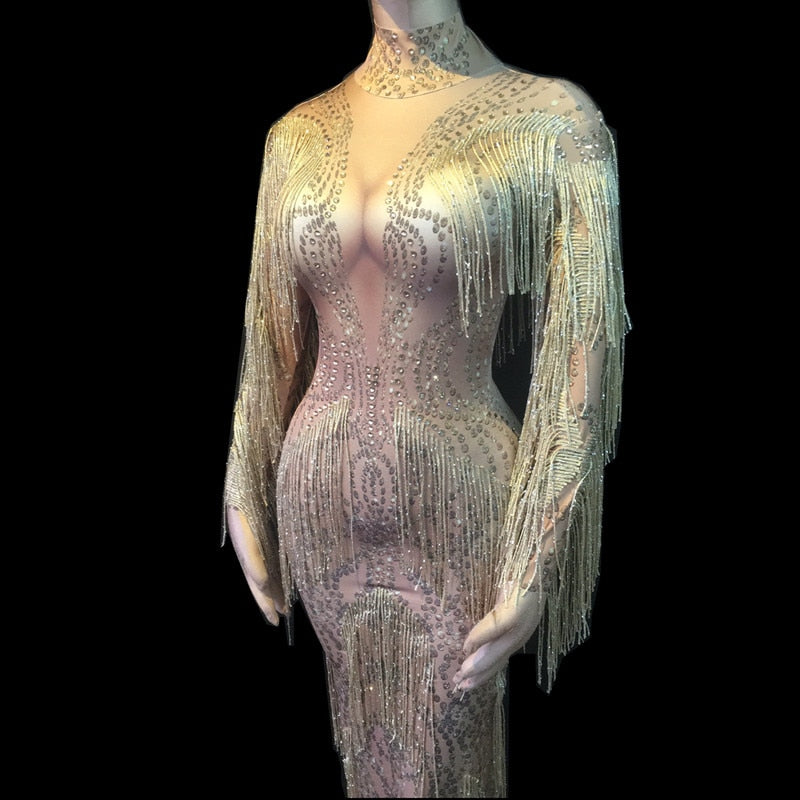 Sexy Singer Host Stage Wear Celebration Performance Costume Nightclub Fringes Dress Crystals Tassels Sleeve Stretch Long Dress