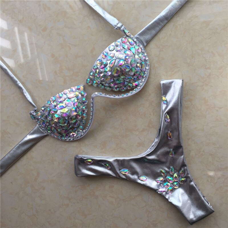 Rhinestone Triangle Bikini Luxury Crystal Diamond Women's Swimsuit Sexy Push Up Gathered Swimwear Biquini F094silver