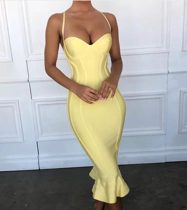 Pink Yellow Knee Length Rayon Bandage Dress Evening Party Elegant Dress
