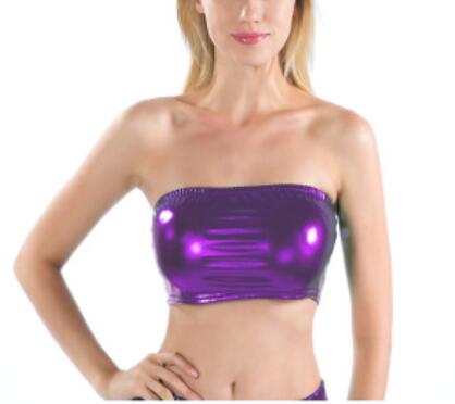 セクシーなゴールドストラップレスドレッシークロップトップ女性光沢のあるストレッチパーティークラブウェアスパンコールチューブトップバンドゥタンクトップダンス衣装