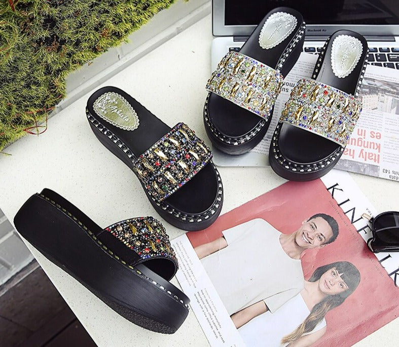 Platform Rhinestone Sandals Slippers Women Gemstone Slides Women Shoes Wedge Slippers String Bead Beach Slides Shoes