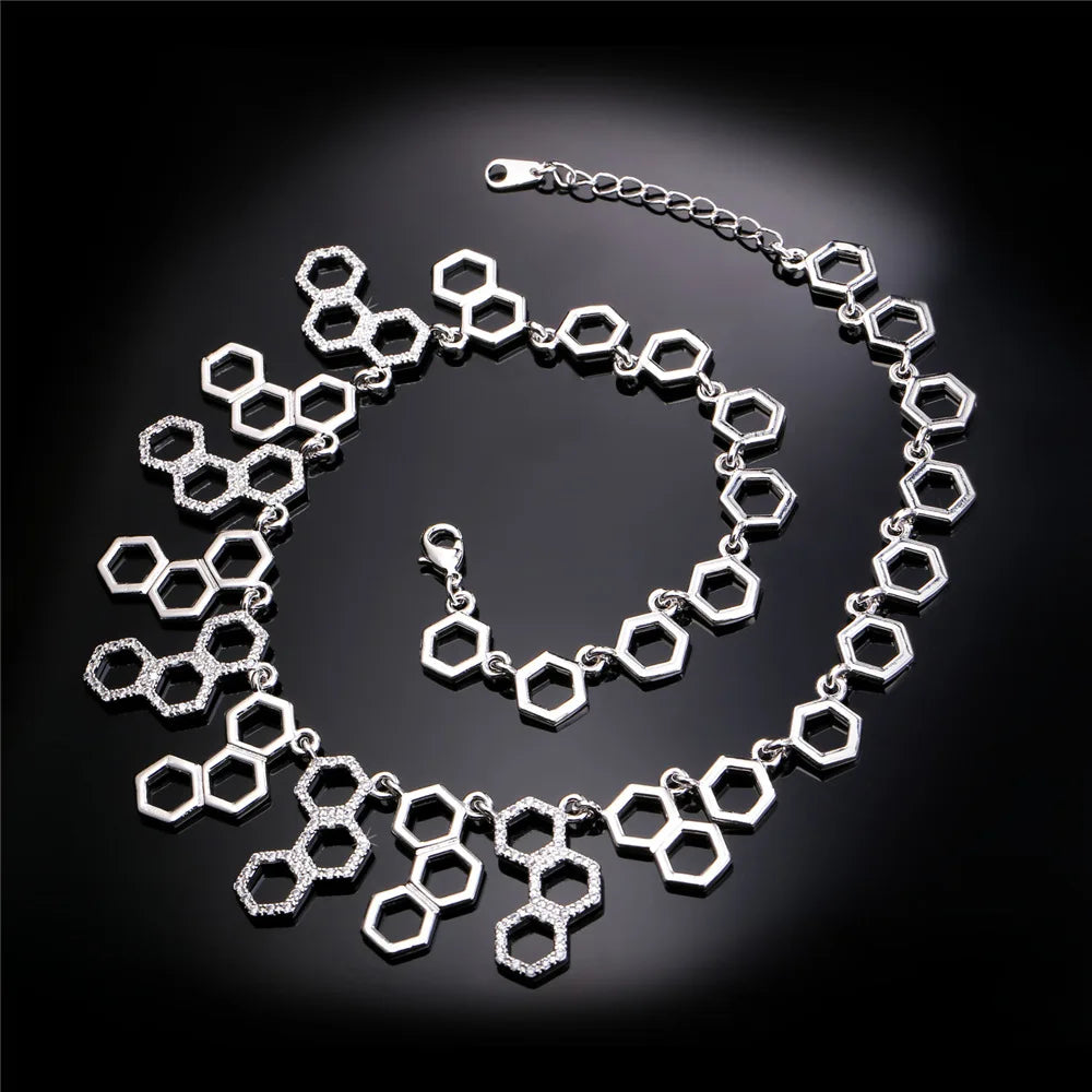 U7 Hexagonal Jewelry New Trendy Molecule Necklace For Women Gold Color Party Statement H2O Necklace N546