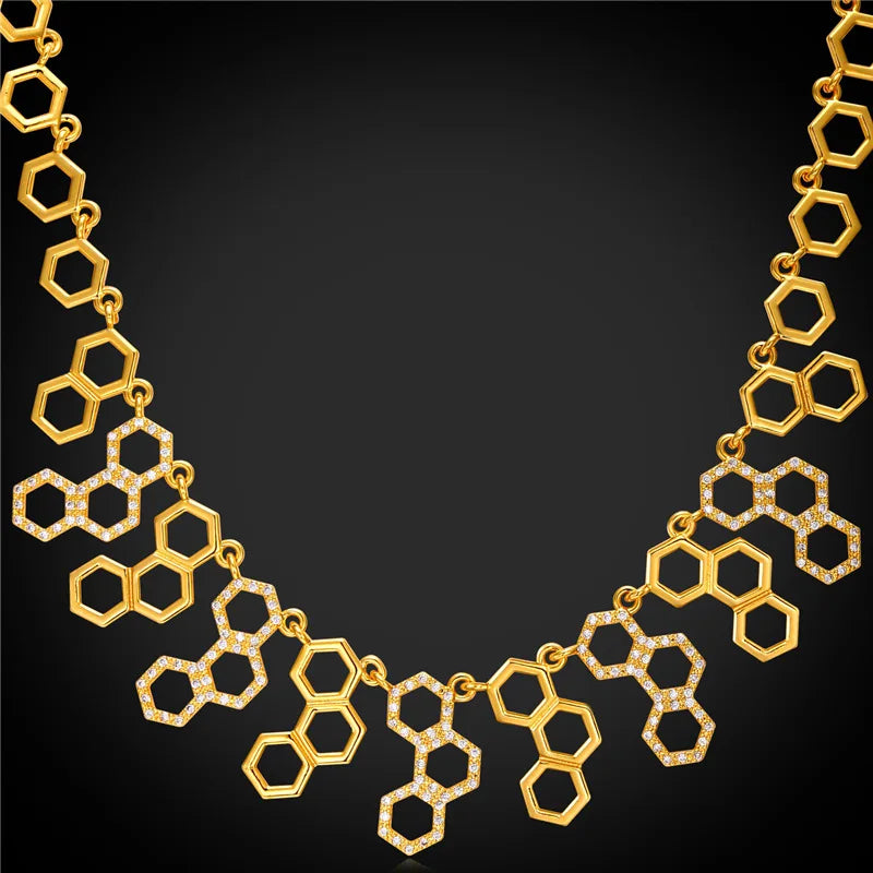 U7 Hexagonal Jewelry New Trendy Molecule Necklace For Women Gold Color Party Statement H2O Necklace N546 Gold-color