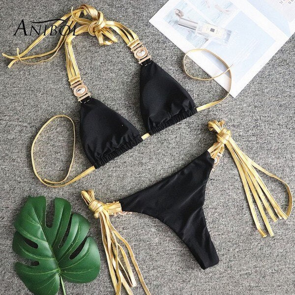 Sexy Triangle Bikini Rhinestone Diamond Women Swimsuit Tie Up Tassels Swimwear Luxury Crystal Bathing Suit Black