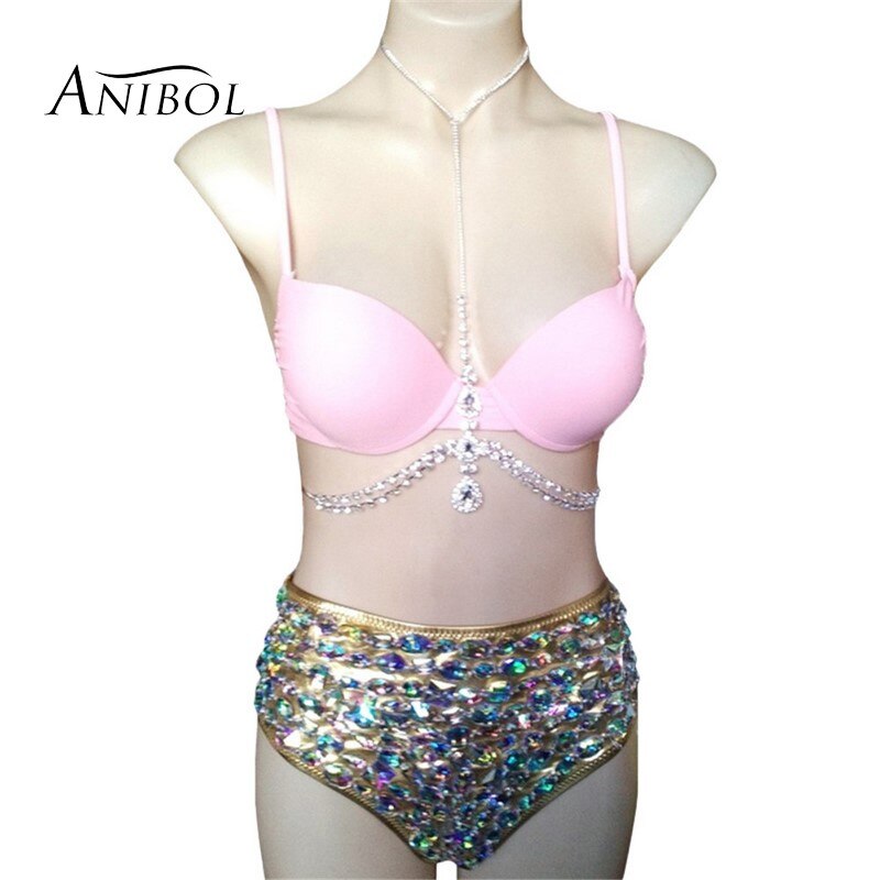Sexy Push Up Bikini Luxury Rhinestone Diamond Swimsuit Hand Sewing Crystal Women's Swimwear Summer Beach Wear Biquini Gold with chain
