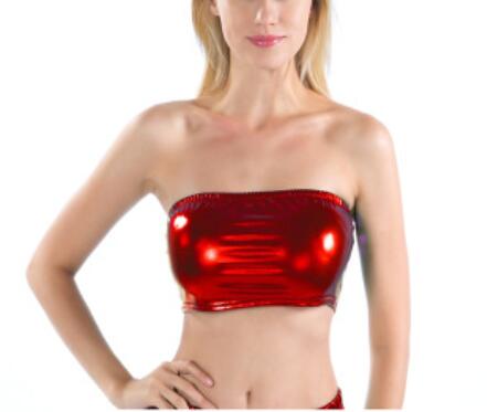 セクシーなゴールドストラップレスドレッシークロップトップ女性光沢のあるストレッチパーティークラブウェアスパンコールチューブトップバンドゥタンクトップダンス衣装