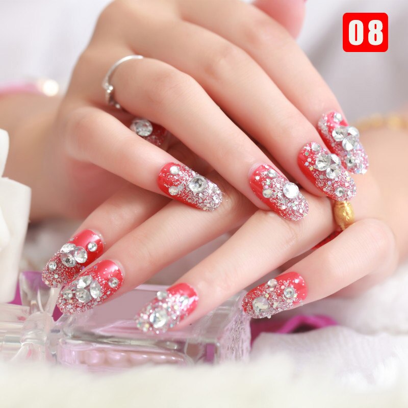 24pcs False Nails Floral Beads Decorated Artificial Nail Tips Bride Reusable Fingernails Fake Nail Press On Nail накладные ногти 8