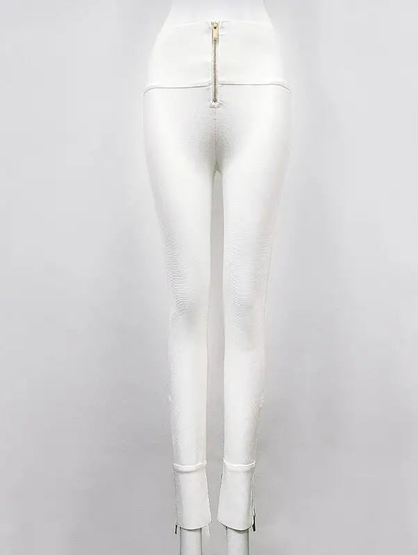 Hot Sale Women Winter Fashion Sexy Back Zipper Black White Bandage Pants 2020 Designer Bodycon Elastic Ladies Pencil Trousers WHITE