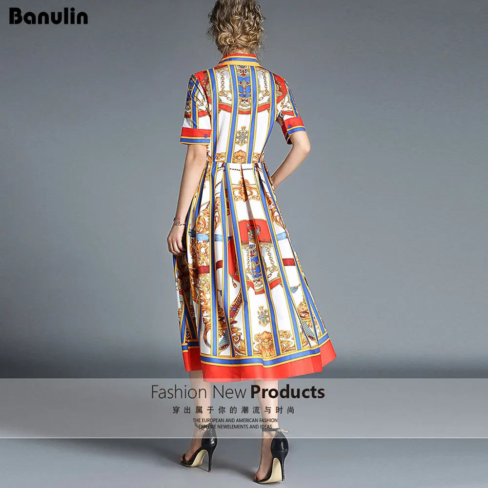 Banulin HIGH QUALITY 2020Newest Runway Designer Summer Dress Women's Short Sleeve Shirt Collar Stripe Printed Bow Midi Dress