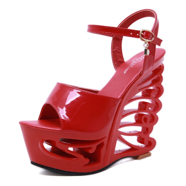 PU leather Strange Style Platform Sandals Women Hollow Out Heel Wedges Shoes Big Size Rivet High Heel Gladiator Sandals WS0071 Red 05