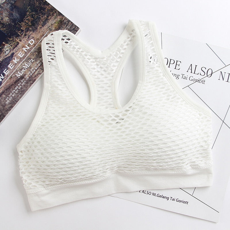 Shockproof Mesh Patchwork Fitness Yoga Bra Push Up Padded Top Anti Sweat Yoga Bra Tops Women Breathable Sportwear White Free Size