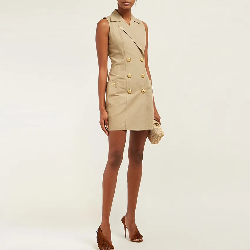 Top Newest Stylish Summer Designer Women's Sleeveless Notched Collar Double Breasted Lion Buttons Mini Cotton Dres