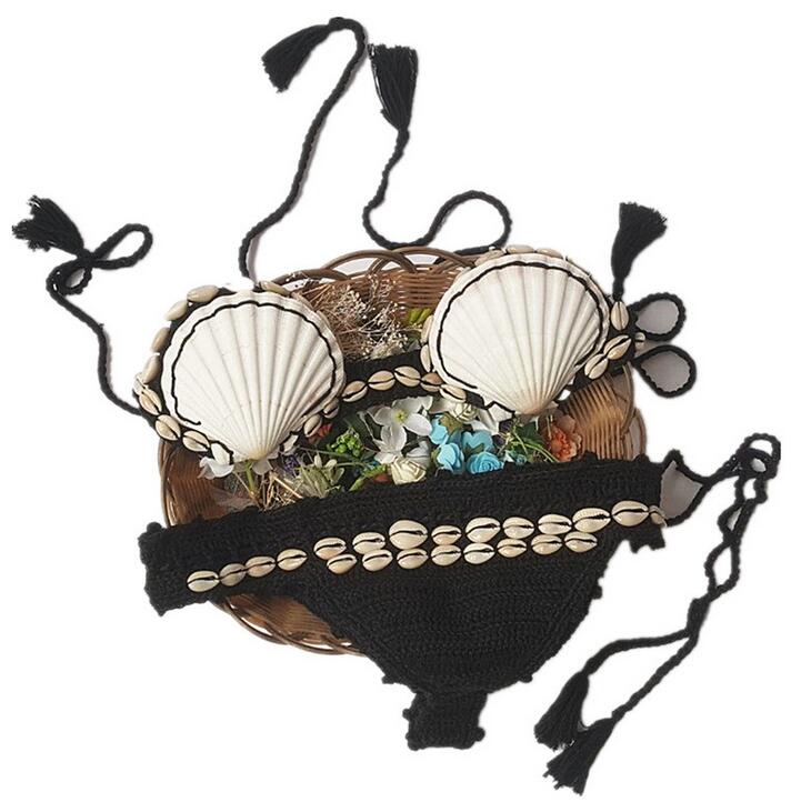Shell Crochet 2 Pieces Bikini Set Sexy - Adjustable Strings Swimsuit Bra Wrapped Chest - Bikinis Handmade Knitted Swimwear