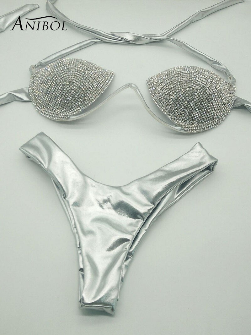 Sexy Crystal Diamond Triangle Bikini Rhinestone Push Up Women’s Swimwear Shiny Gathered Thong Swimsuit Silver
