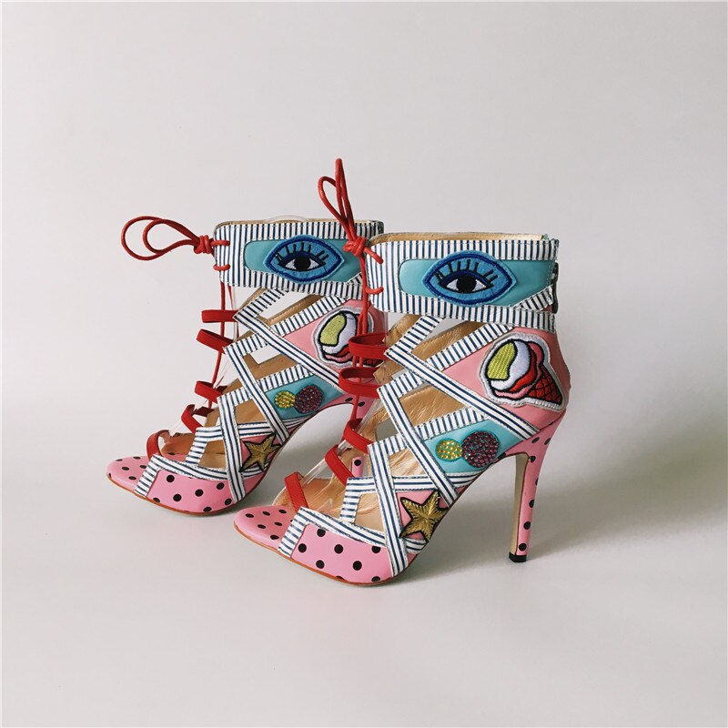 Women Summer Sandals Colorful Embroider High Heels Sandalias Fashion Zapatos Mujer Lace Up Pumps Prom Booties