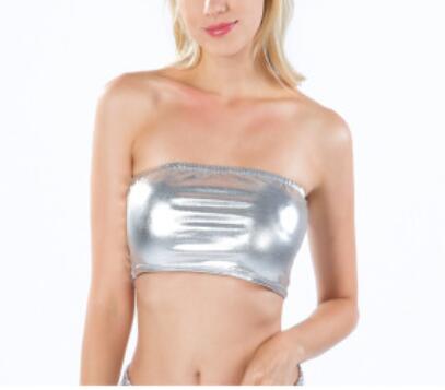 セクシーなゴールドストラップレスドレッシークロップトップ女性光沢のあるストレッチパーティークラブウェアスパンコールチューブトップバンドゥタンクトップダンス衣装
