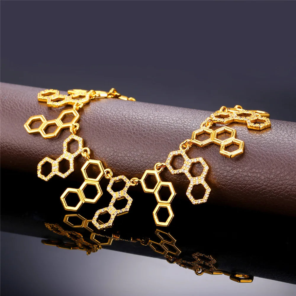 U7 Hexagonal Jewelry New Trendy Molecule Necklace For Women Gold Color Party Statement H2O Necklace N546