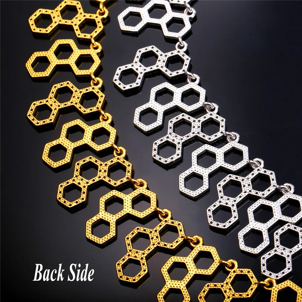 U7 Hexagonal Jewelry New Trendy Molecule Necklace For Women Gold Color Party Statement H2O Necklace N546