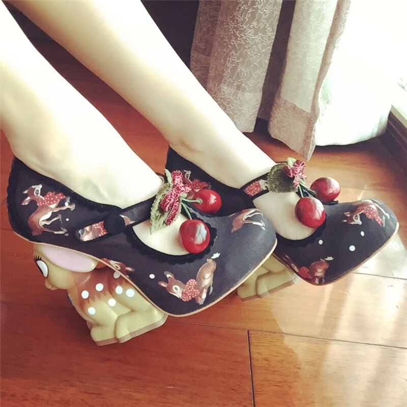 Vivid Painted Deer Heel Bridal Wedding Shoes Design Cherry Belt Buckle Printed Color Strange High Heel Shoes Woman
