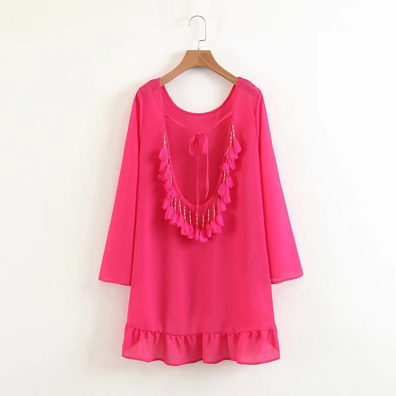 セクシーな背中の開いたタッセルビキニカバーアップシフォンサマービーチドレス水着