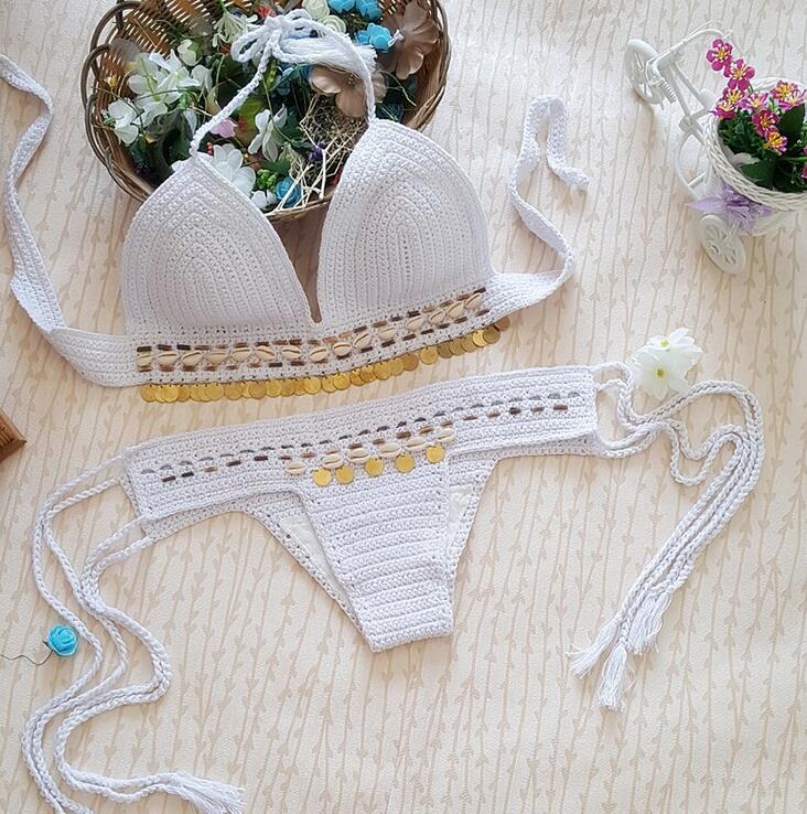 Shell Crochet 2 Pieces Bikini Set Sexy - Adjustable Strings Swimsuit Bra Wrapped Chest - Bikinis Handmade Knitted Swimwear S0683