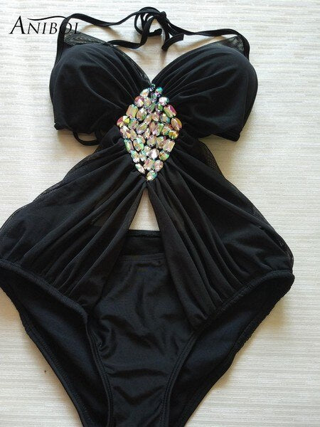 Rhinestone One Piece Push Up Swimwear Luxury Diamond Women White Swimsuit Black Sexy Girls Bathing Suit Black