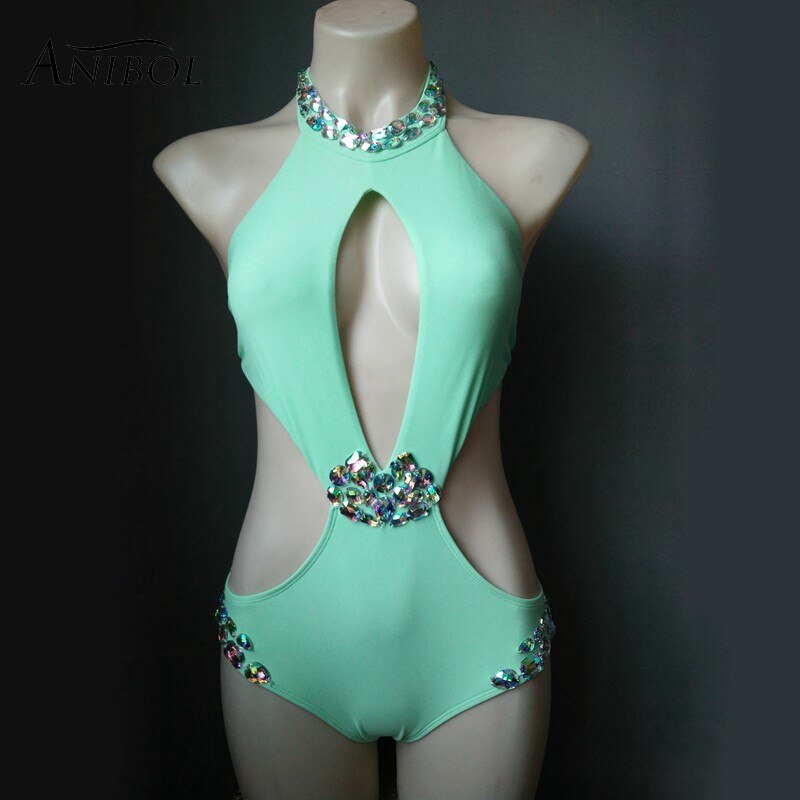 Sexy Backless Rhinestone Women Swimsuit Crystal Diamond One-Piece Swimwear Hollow Out Halter Bathing Suit Girls Green