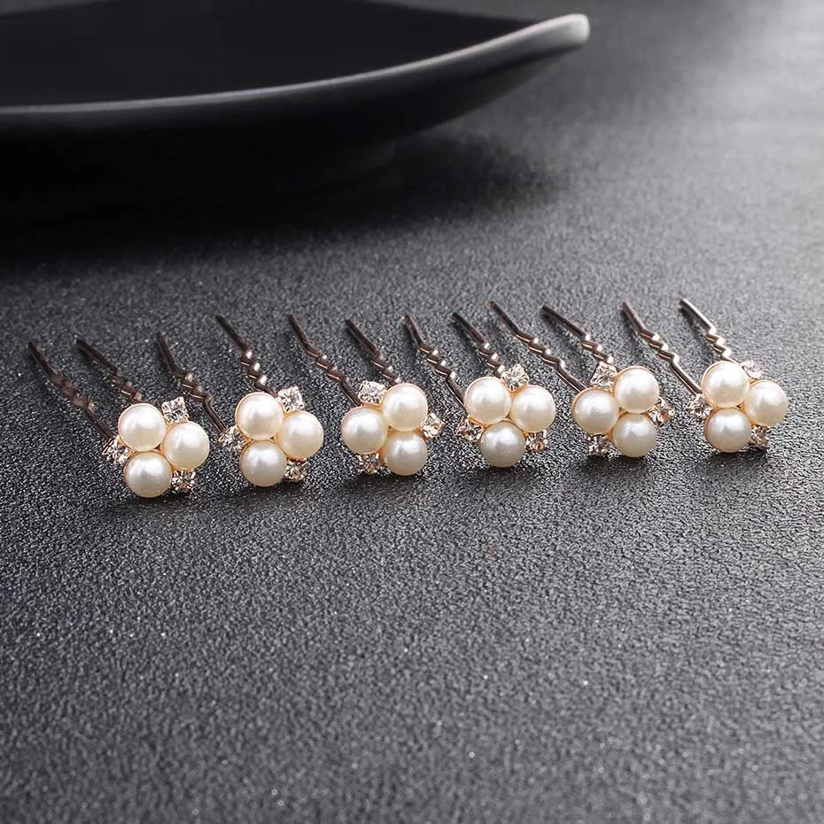 Miallo 6 pcs/lot Austrian Crystal Rhinestones Bridal Hairpins Pearls Wedding Headpieces Hair Jewelry Accessories for Women Gold