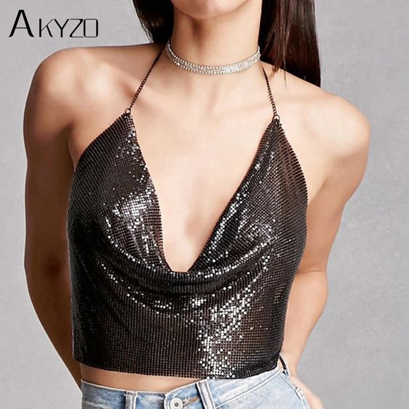 Women 2024 Sexy Metal Sequined Tank Camis Summer Gold Silver Backless Cropped Glitter Beach Club Show Wear Tank Tops