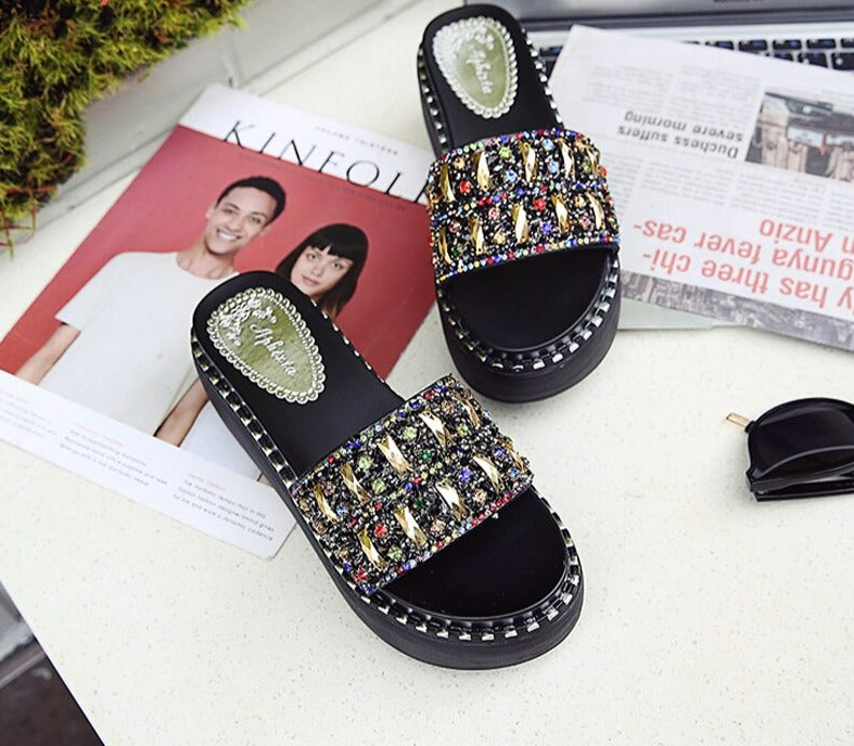 Platform Rhinestone Sandals Slippers Women Gemstone Slides Women Shoes Wedge Slippers String Bead Beach Slides Shoes