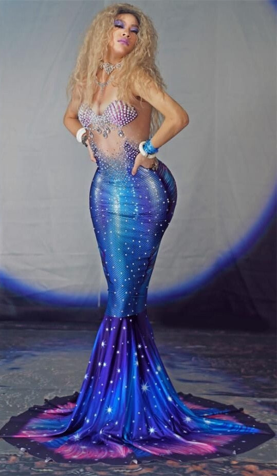 Sexy Nightclub Bar Party Role Performance Costume Sparkly Pearls Outfit Rhinestones Fishtail Long Dress Blue Trailing Dress Default Title