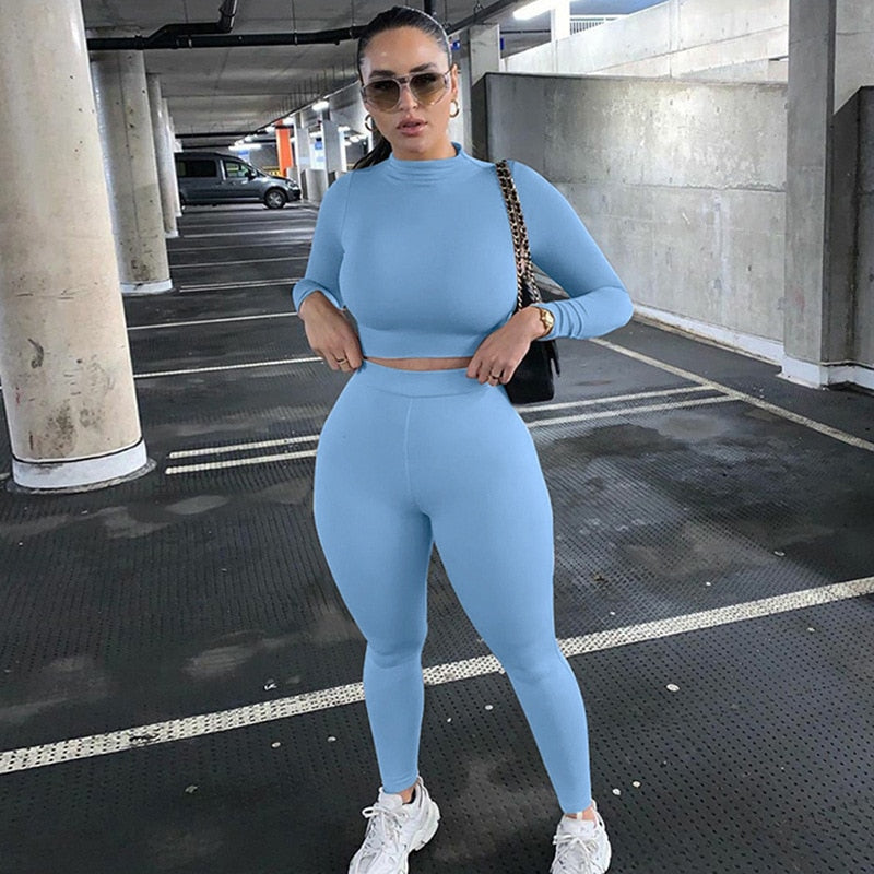 Two Piece Sets Women Solid Autumn Tracksuits High Waist Stretchy Sportswear Hot Crop Tops And Leggings Matching Outfits Sky Blue