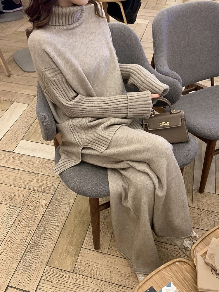 Sweater Set Women Tracksuit Spring Autumn Knitted Suits 2 Piece Set Warm Turtleneck Sweater Pullovers Wide Legs Pants Oatmeal color