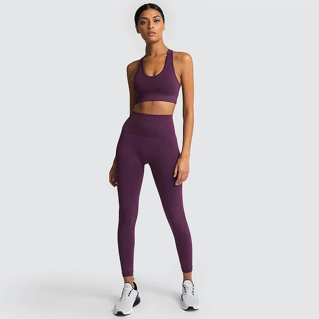 2pcs seamless hyperflex workout sport outfits for women sportswear athletic clothes gym Long Sleeve Crop Top High Waist Leggings purple set