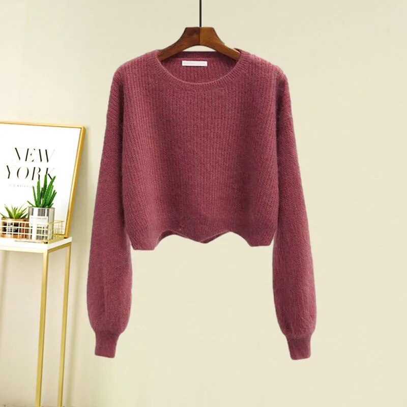 Women Autumn Winter Warm Knitted Two Pieces Sets Korean Long Sleeve Pullover Sweater Top And High Waist Skirts Sets