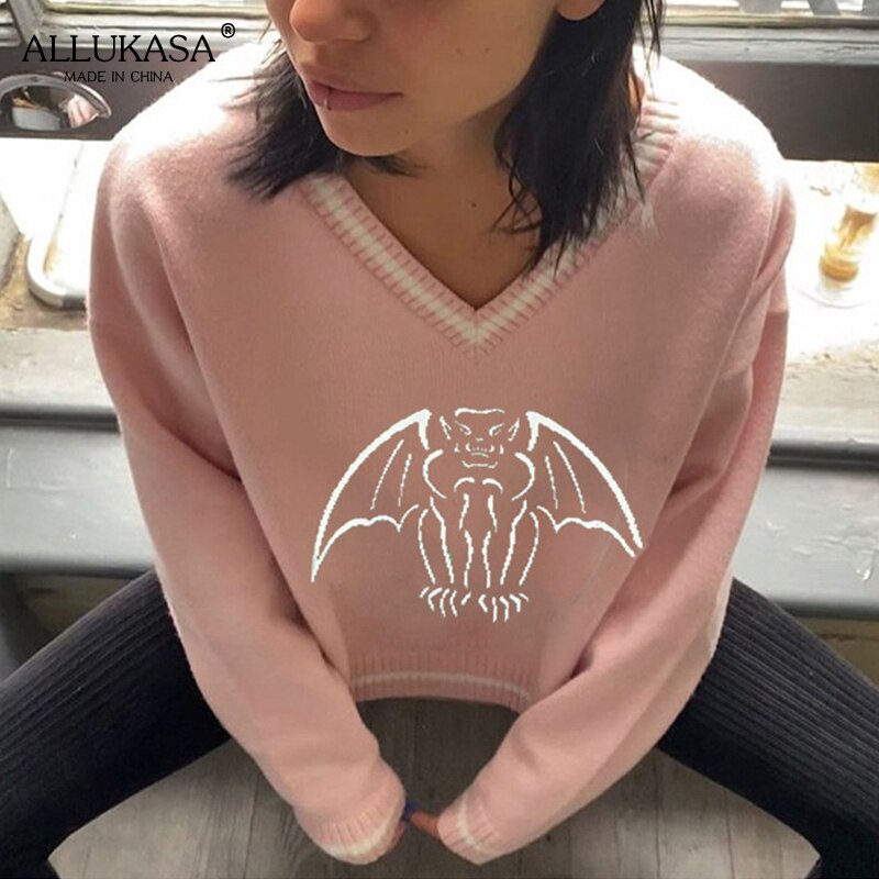 Y2K Oversized Sweater Pullover Ladies Casual Loose Printed Knitted Sweater Retro College Style Halloween Street Fall Winter 2021