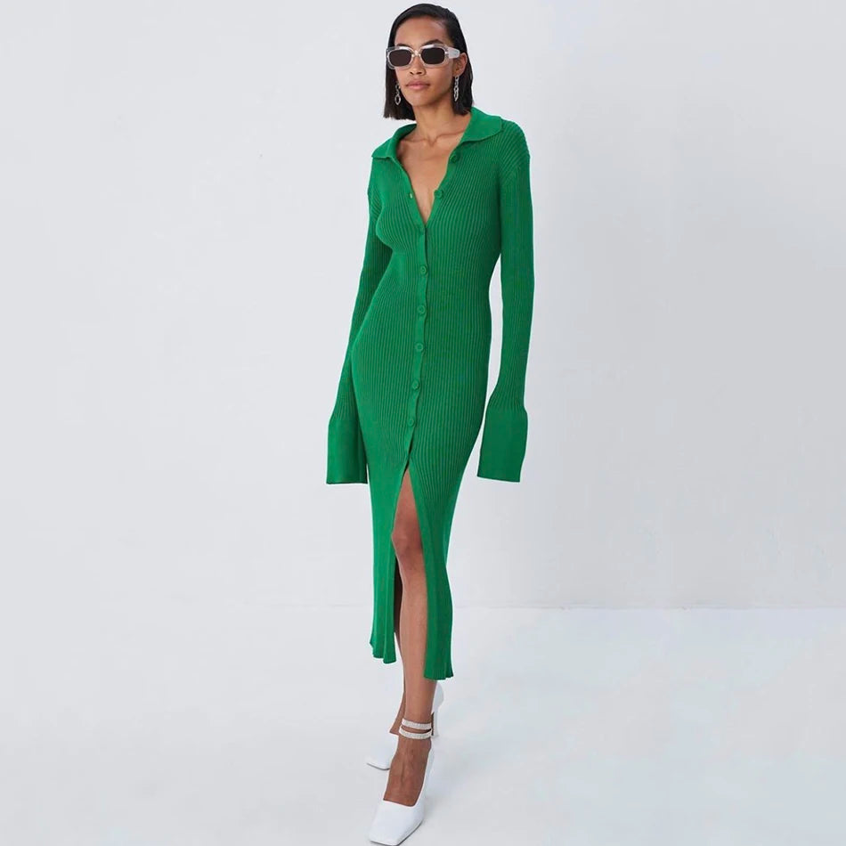 2025 Autumn Bodycon Dress Sweater Knitted Green Women Sexy Midi Split V Neck Long Sleeve Casual Dresses Party Vestidos green