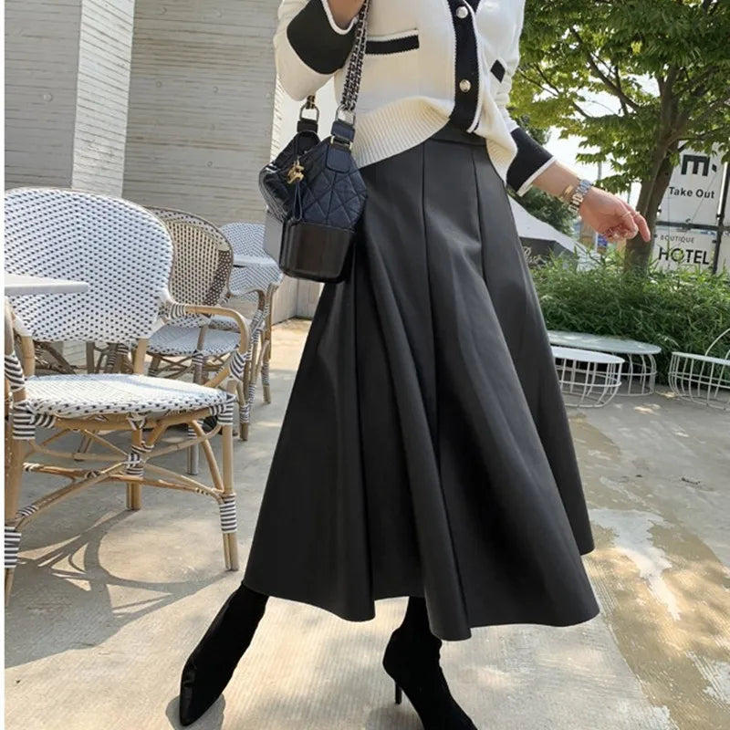 Neophil Chic Ladies Latex Flare Black Skirts Vintage Pu Faux Leather Ball Gown Long Skirt Thick Party A-Line Swing Faldas S21836
