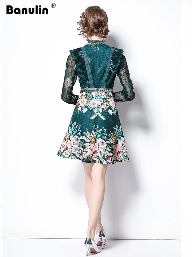 Spring Fashion Runway Flower Jacquard Dress Women's Beading Stand Long Sleeve Ruffles Lace Stitching Vintage Party Vestidos