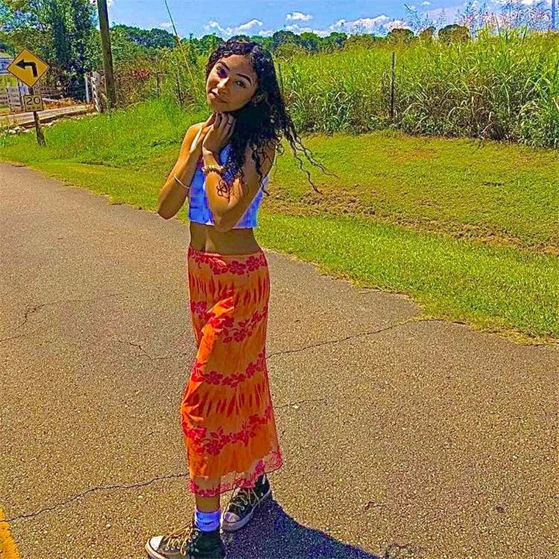 Women's Y2K Printed Midi Skirt 90s Hurajuku High Waist Cute E-Girl Streetwear Summer Goth Maxi Long Pencil Skirts