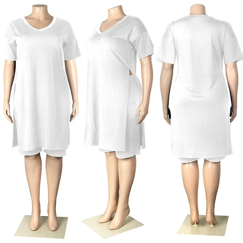 Plus Size Women Clothing Two Piece Set 4xl Summer Wholesale Dropshipping Slip HemTop Shorts Suit Casual Tracksuit Streetwear