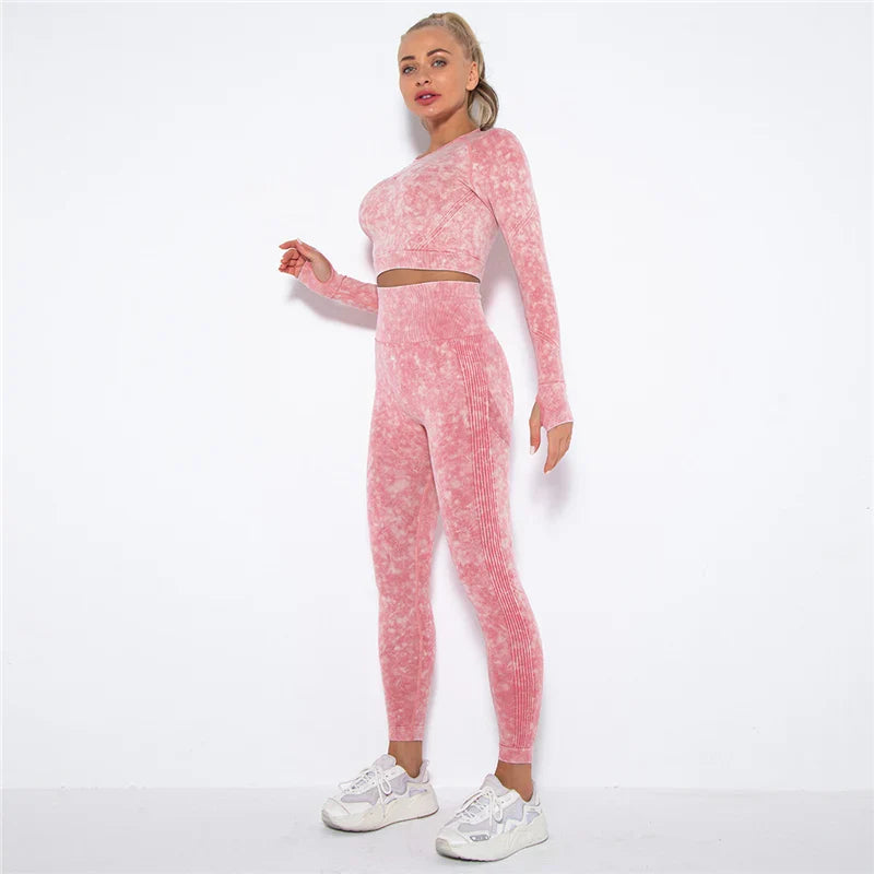 Women Seamless Yoga Set Fitness Sports Suits Gym Clothing Long Sleeve Crop Top Shirts High Waist Running Leggings Workout Pants Watermelon Red 2pcs