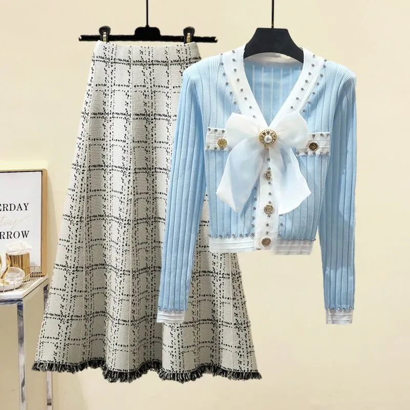 Women Autumn Winter Vintage fragrant Knitted Two Pieces Sets Korean Long Sleeve Knit Cardigan And High Waist Plaid Skirts Sets picture 9